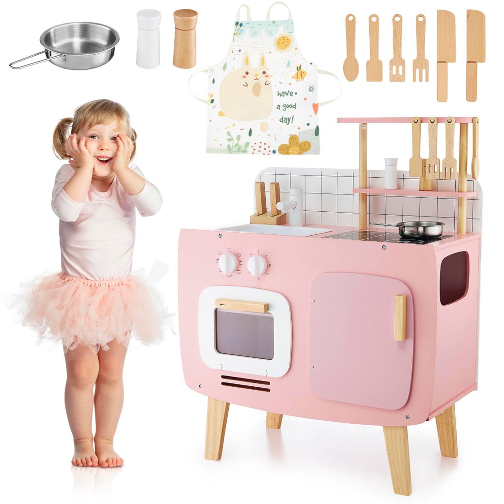 Kinderküche aus Holz – Retro-Design, rosa, inkl. Zubehör & Schürze