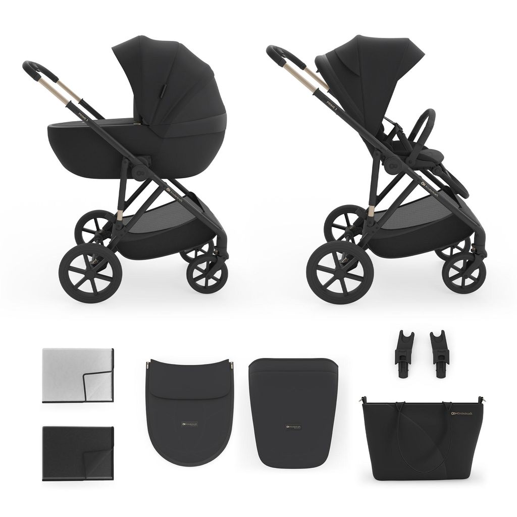 Kinderkraft PRIME 3 2-in-1 Kinderwagen Babywanne + Sportsitz, leicht, klappbar mit Sitz, große Räder, Federung, bis 22 kg, inkl, Schwarz