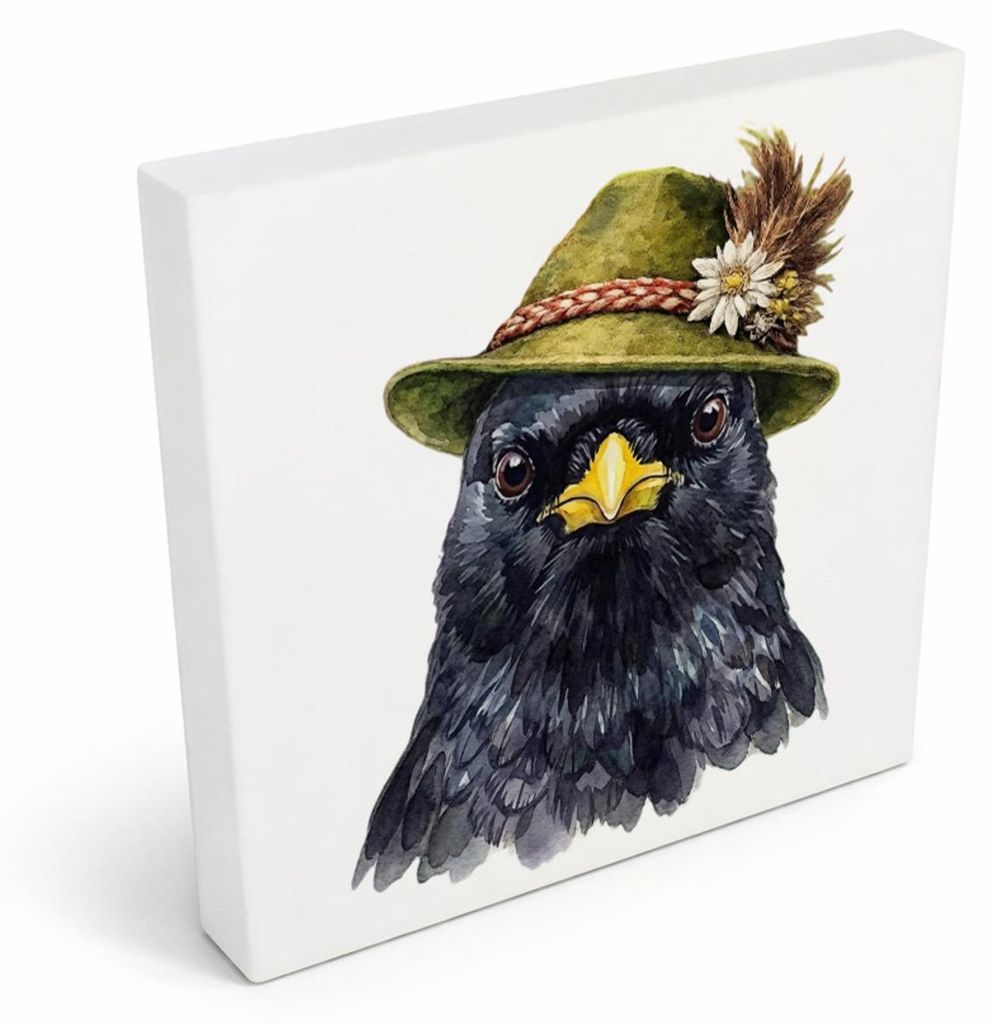 Trachtenhut Feder-Tiere Alpendohle Holzbild in 10x10 cm zum Stellen oder