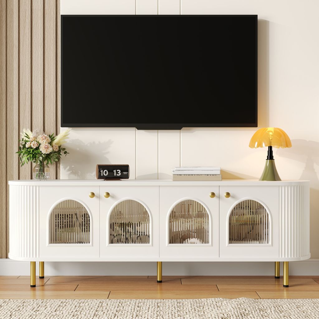 MODFU TV-Schrank,Sideboard Lowboard mit Glastüren,Aufbewahrungsmöbel,Schrank mit Stauraum ,fürs Wohnzimmer, goldene Griffe und Beine ,We...