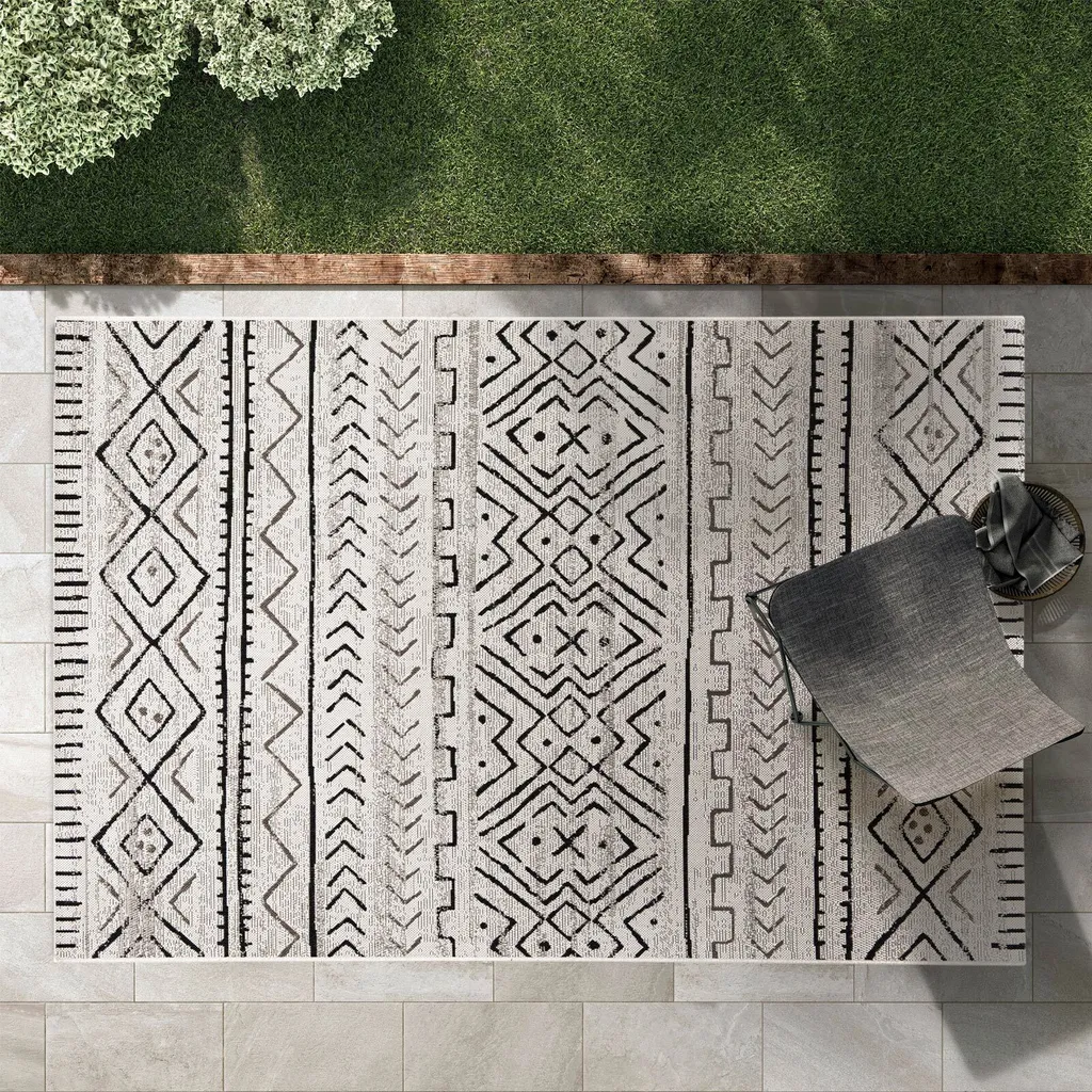 Tapis Aztec robuste design moderne gris 200x290 cm haute résistance