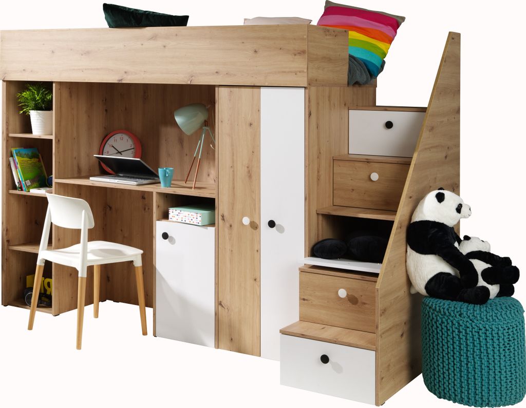 Etagenbett für Kinder SMART 14 Stockbett mit Treppe, Kleiderschrank und Schreibtisch (Artisan Eiche + Weiß matt)