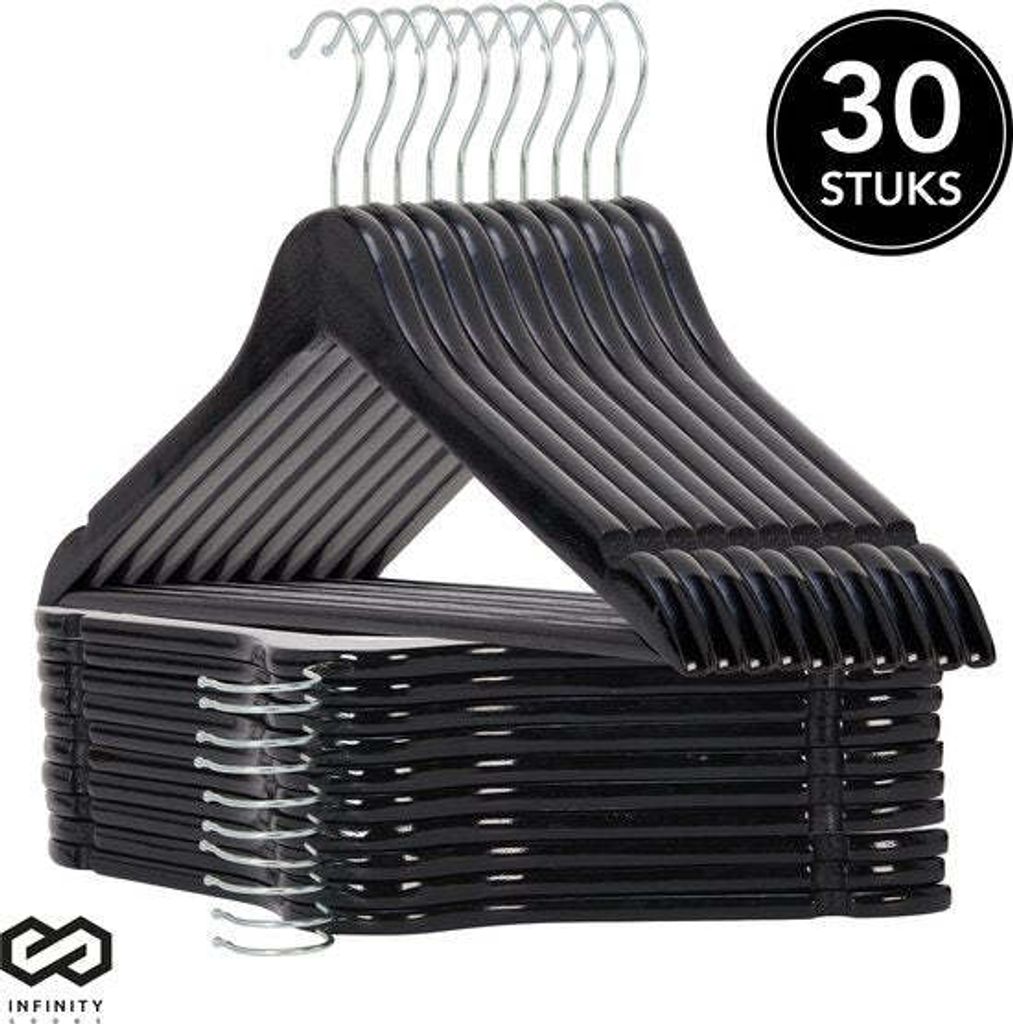 Infinity Goods 30 Kleiderbügel aus Holz, schwarz – Kleiderbügel – mit Aussparung und Hosenhalter – M