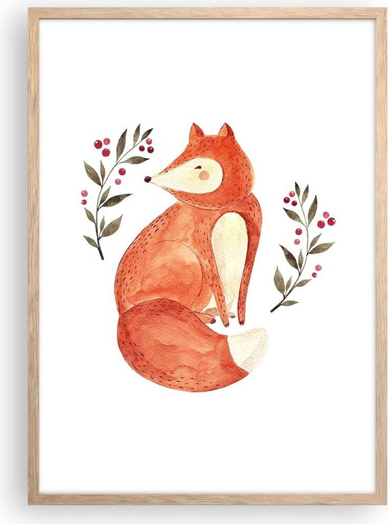 Gerahmtes Poster - Rahmen in heller Eiche - Nov Illustration Fuchs - 50x70 cm - Wand Bild - Wanddeko - Wandbilder - Kunstposter - Wandposter - Bild...