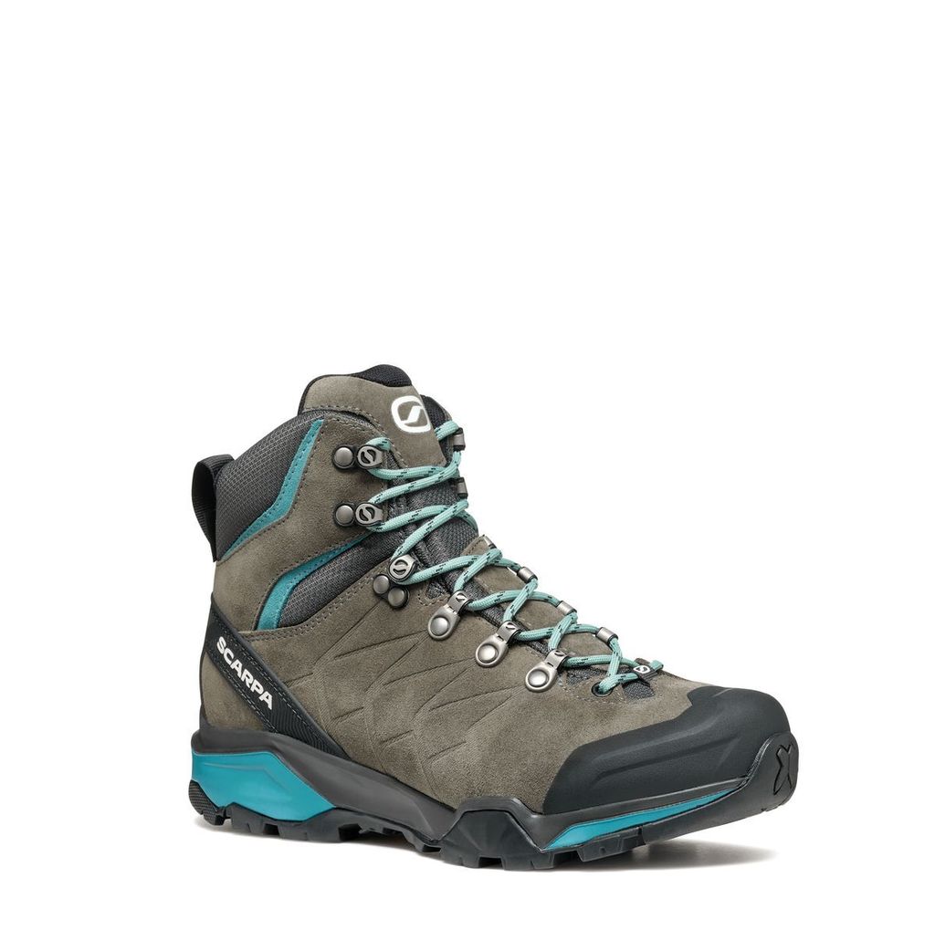 ZG Trek GTX Trekking Schuhe für Damen von Scarpa in Grau mit blauen Akzenten und Schnürung.