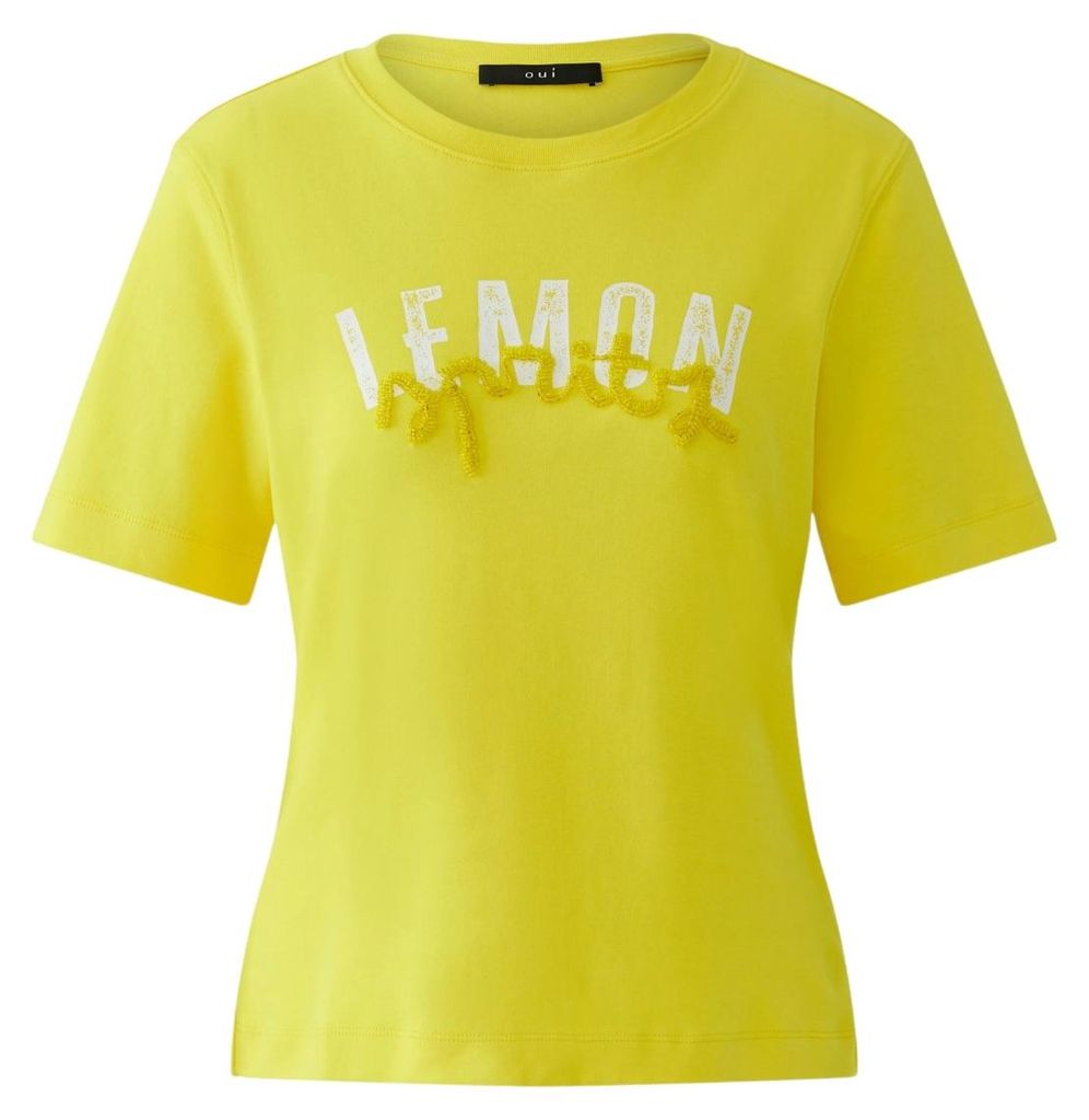 Oui T-Shirt Zitronengelb Größe 38 mit Vintage-Print, gerader Schnitt, Rundhals, Kurzarm