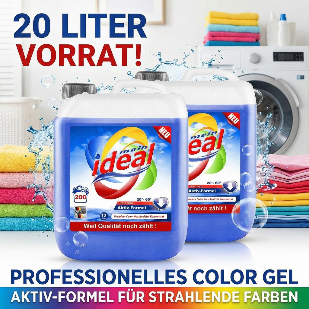 Two large bottles of blue liquid detergent are shown in front of a washing machine and stacks of colorful towels.