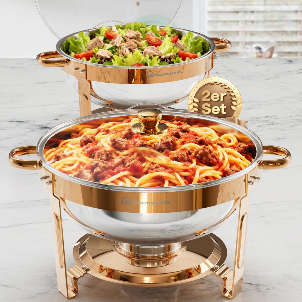 WARMOUNTS 2er Set Chafing Dish Buffetwärmer 5QT Edelstahl Rund Roségold mit Glasdeckel & Deckelhalter Stapelbar für Catering & Events