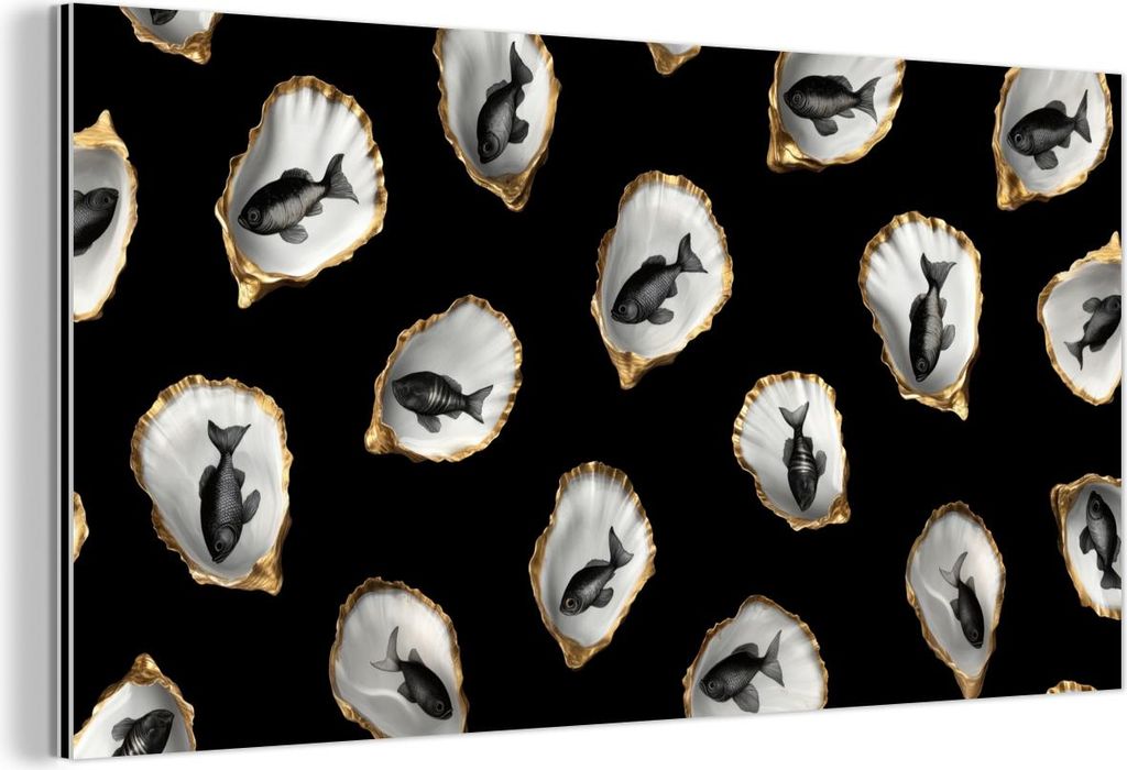 MuchoWow Wanddekoration Metall Metallbild Wandkunst 80x40 cm Austern - Schwarz - Fisch - Gold MuchoWow Aluminium Gemälde - Wanddekoration - Alubild