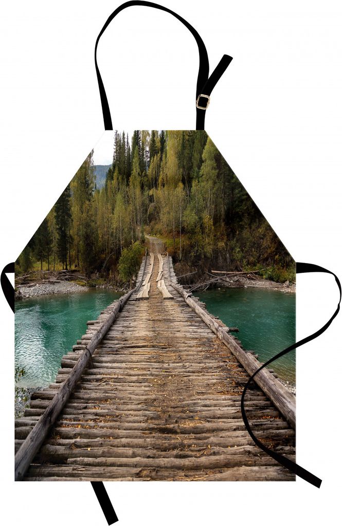 ABAKUHAUS Landschaft Kochschürze, Alte hölzerne Brücke über Fluss Belaya Berel und immergrüner Wald Ost-Kasachstan, Farbfest Höhenverstellbar...
