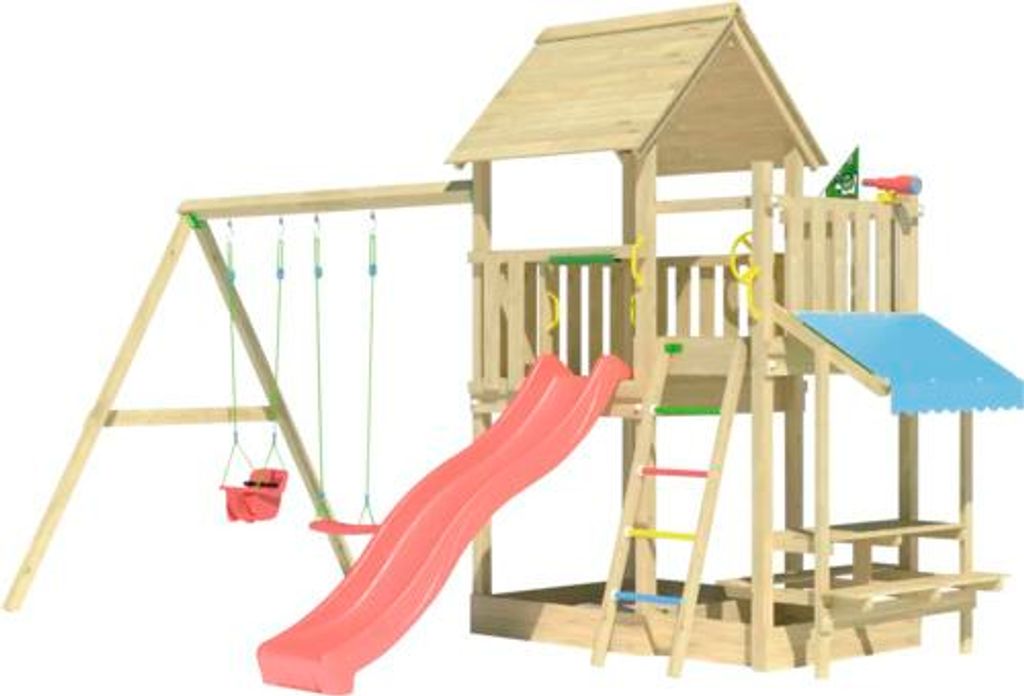 Doppelschaukel Spielhaus mit Stelzen Jungle Gym 476 x 306 cm Holz rot