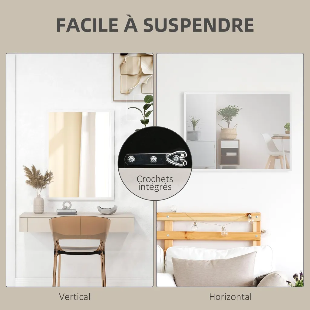 Miroir Mural Cadre MDF Robuste 60x80 cm - Finition Blanche Moderne Pro
