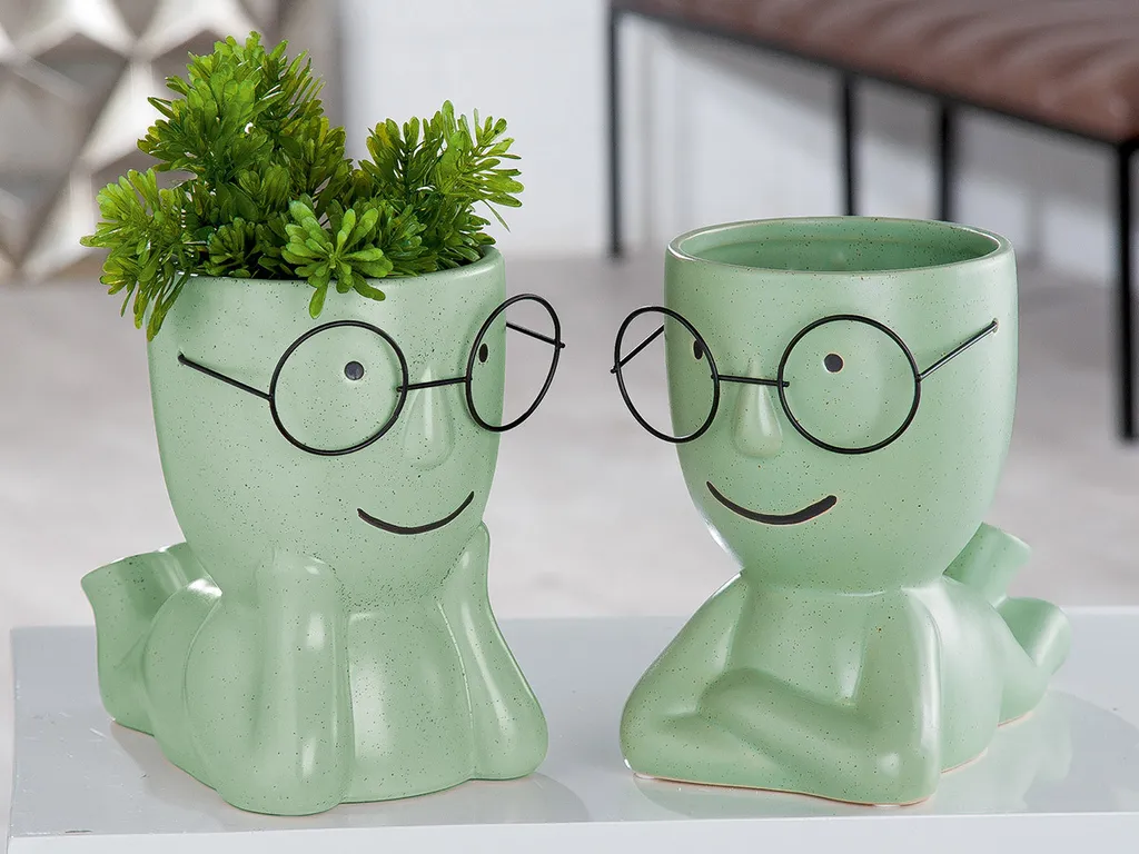 Set 2 Vasi Gilde Smile Verde: Ceramica con Viso per Arredo Moderno