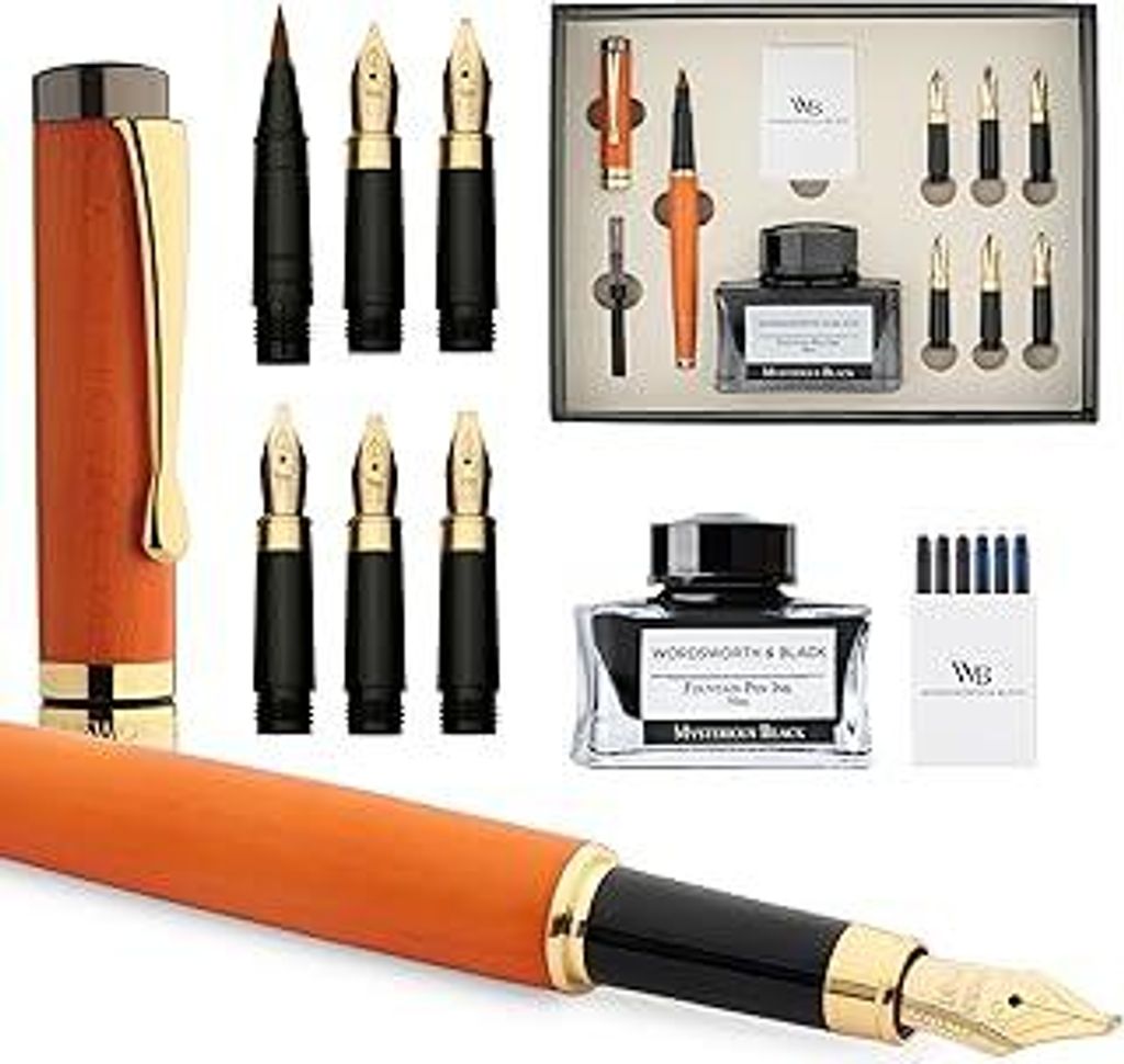 Kalligraphie-Stiftset, inklusive Tintenfass, 6 Tintenpatronen, Tintenkonverter, 6 Ersatzfedern, Luxus-Bambus, Journaling, Schreibfüller mit weiche...