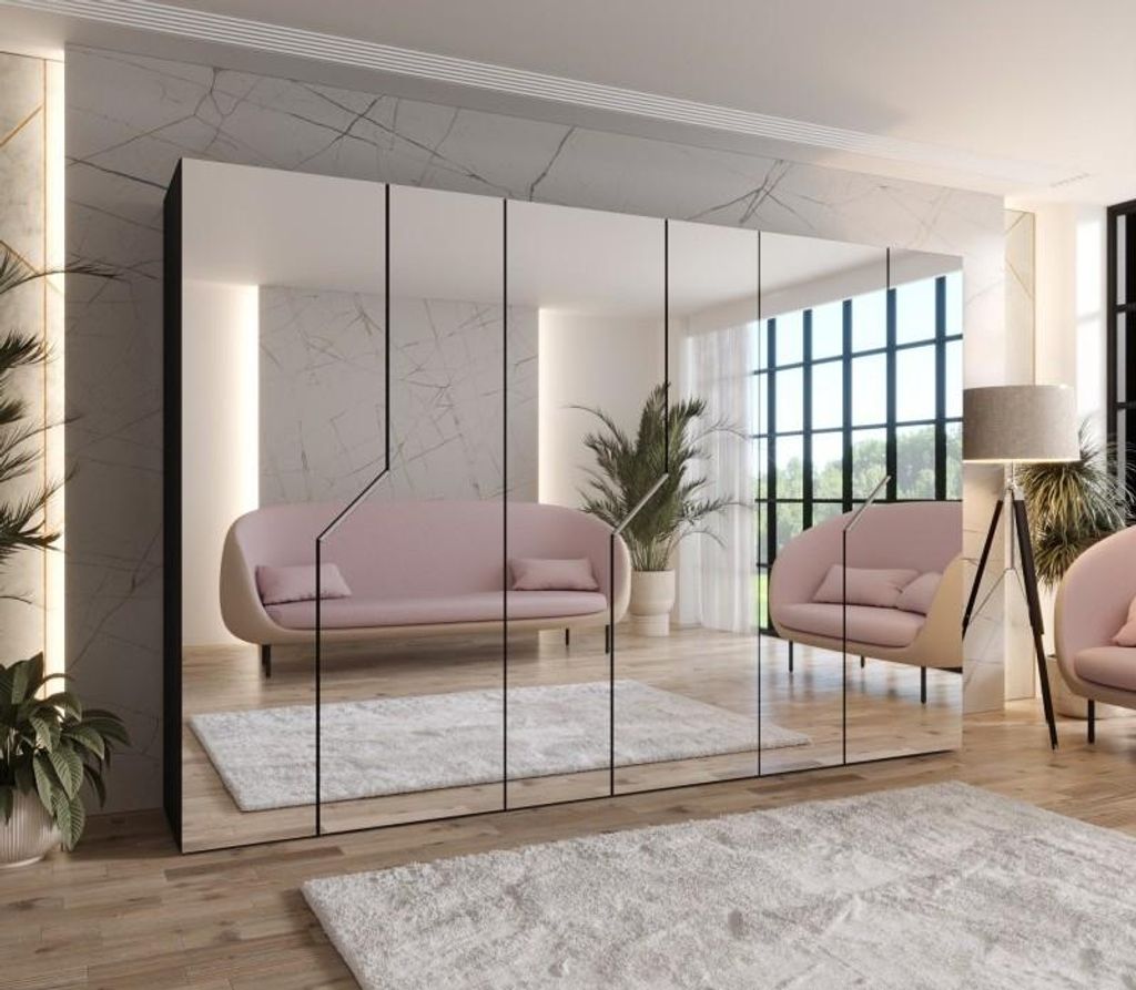 Breiter Spiegelschrank 300 cm ELIRA 3 - schwarz / kaschmirfarbene Griffe