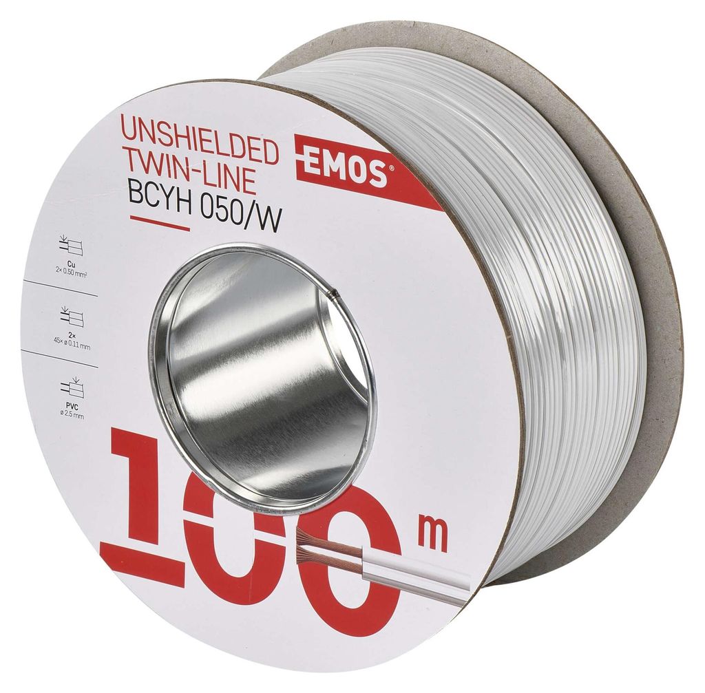 EMOS Kupferkabel 2 x 0,5 mm2, 100 Meter Zweidrahtleitung aus reinem Kupfer für Niederspannung, weiß mit Polaritätskennzeichnung, S8251