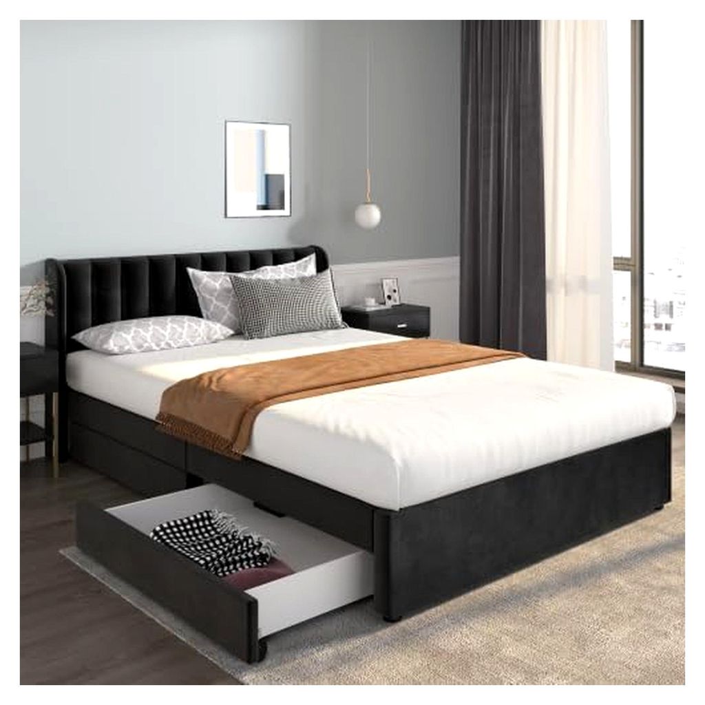 Polsterbett Doppelbett 140x200cm Schwarz, Samtbezug mit 2 Schubladen, Hohes Kopfteil aus Massivholzlattenrost, Komfortbett für Schlafzimmer und G...