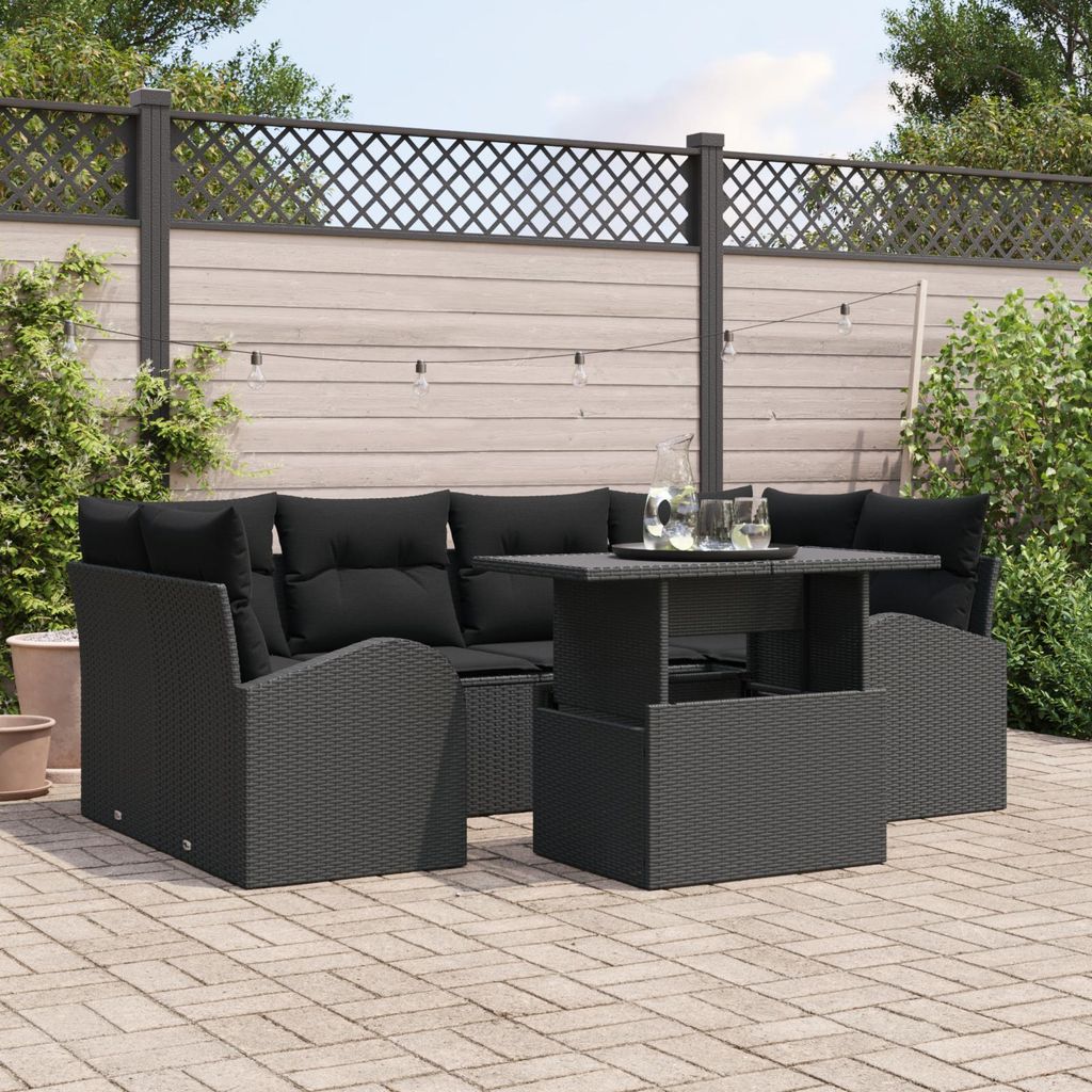 7-tlg. Garten-Sofagarnitur mit Kissen Schwarz Poly Rattan, Design Gartensofas Neu