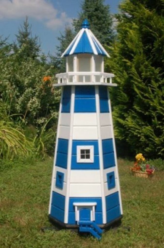 XXL Premium Leuchtturm mit Solar LED Beleuchtung 1,40m blau/weiss 140cm b DEKO