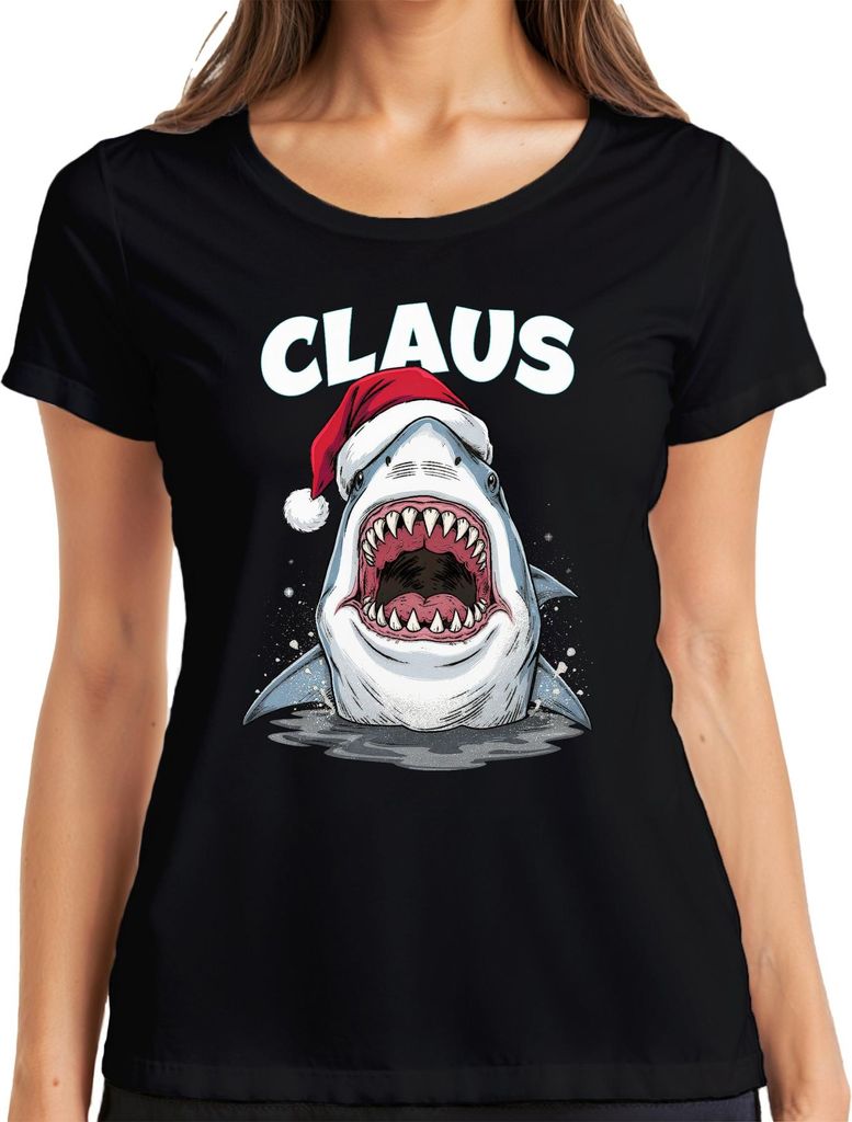 CLAUS Weihnachten Haifisch Weihnachtsmütze Hai Film Parodie Damen T-Shirt, Schwarz, M