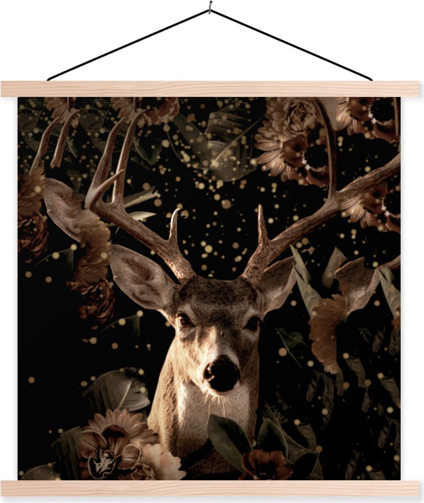MuchoWow Textilposter Hirsche - Blumen - Licht - Botanisch 40x40 cm mit holzfarbenen Rahmen - Posterleiste