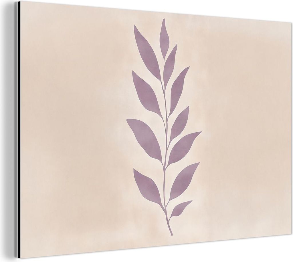 MuchoWow Wanddekoration Metall Metallbild Wandkunst 30x20 cm Zweig - Blätter - Minimalistisch - Beige MuchoWow Aluminium Gemälde - Aluminiumgemä...