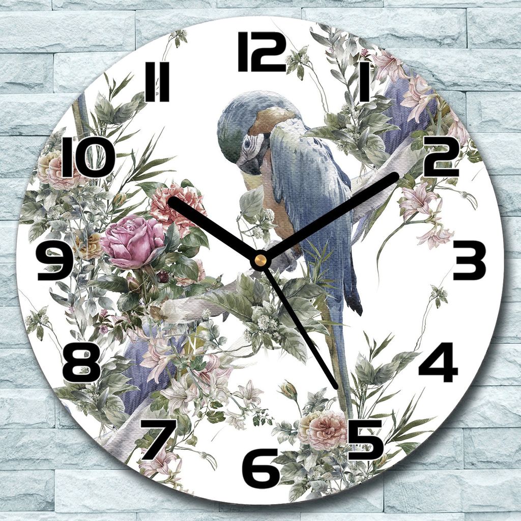 Wanduhr aus Glas Rund fi 30 Papageien Blüten Quarz Deko Schlafzimmer Büro