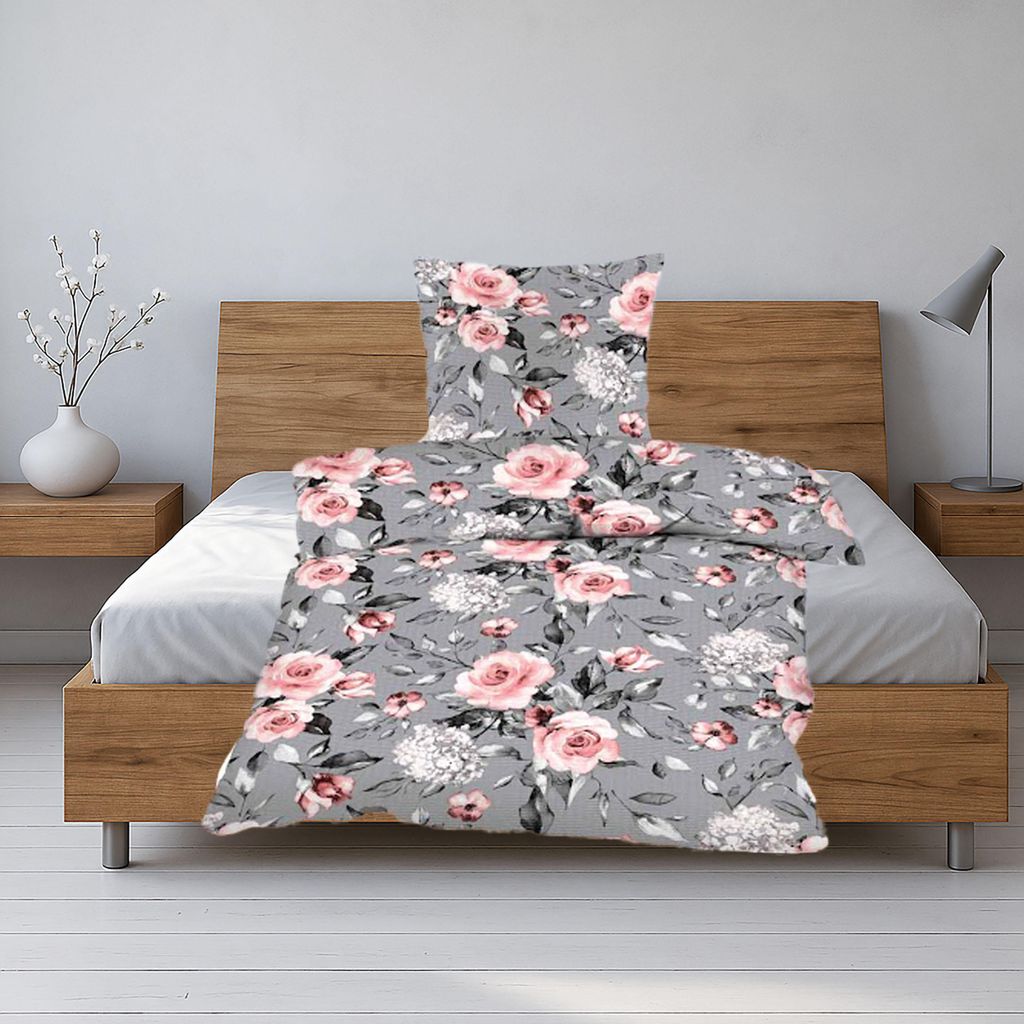Seersucker Bettwäsche 2 tlg. 135 x 200 mit Reißverschluss Bettgarnitur Sommerbettwäsche Grau mit Rosenprint
