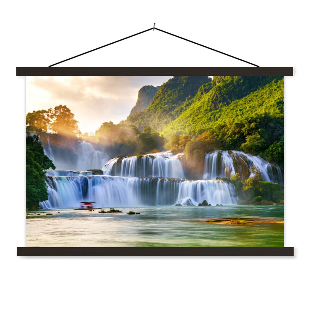 MuchoWow Textilposter Wasserfall - Pflanzen - Sonne - Wasser - Natur 150x100 cm mit schwarzem Rahmen - Schlafzimmer