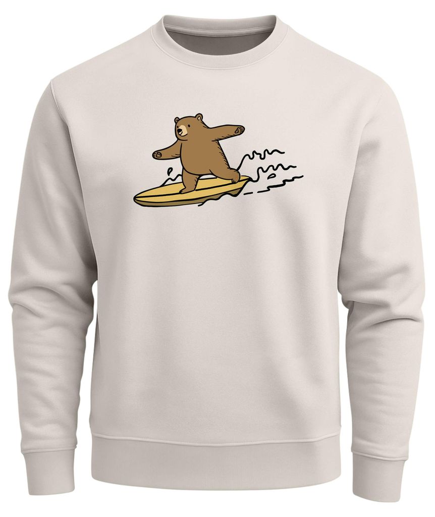 Sweatshirt Herren ohne Kapuze Frontprint Bär auf Surfbrett Pullover Aufdruck Print Fashion Streetwear Neverless