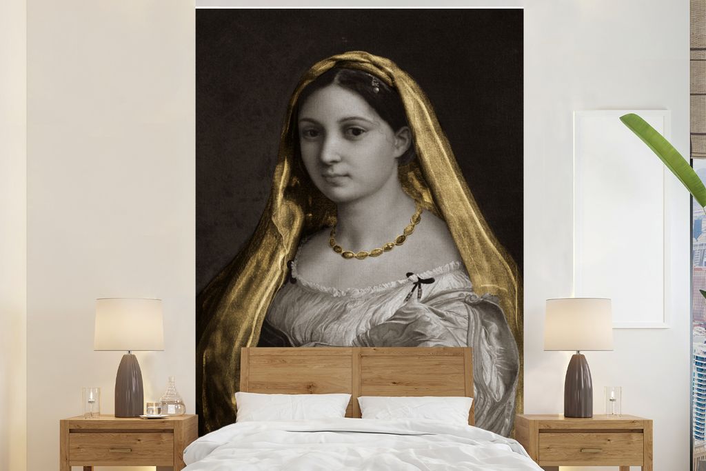 MuchoWow Fototapete für Wohnzimmer oder Schlafzimmer Wandtapete Vinyl Motivtapete Die verschleierte Frau - Raffaello Sanzio - Gold - 225x350 cm ...