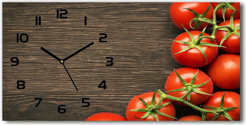 Wanduhr aus Glas – 60x30 cm - Glasbild - Glasuhr - Gehärtetes Glas - schwarze-zeiger - Tomaten auf Holz