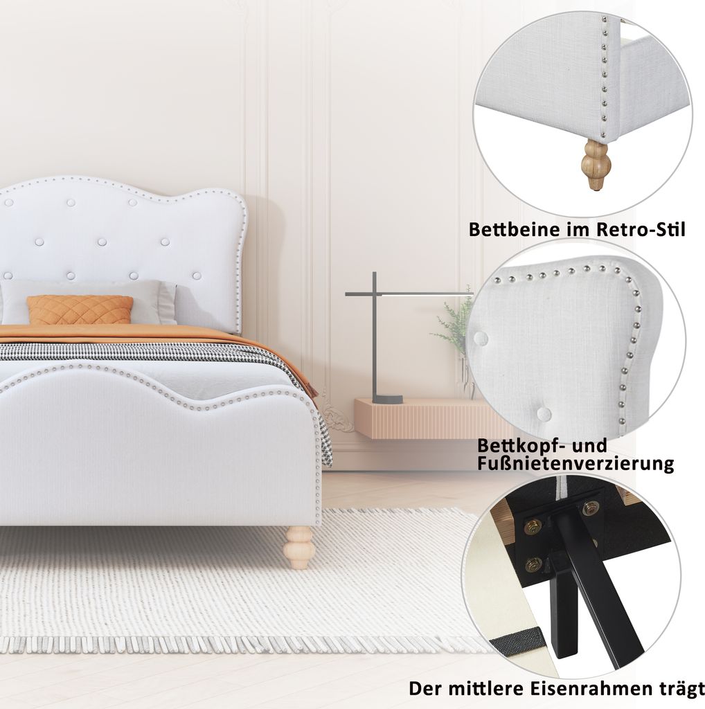 Merax Kinderbett 90x200cm Mit Lattenrost, Polsterbett Mit Kronenformung Kopfteil Für Schlafzimmer Gästezimmer, Für Kinder & Jugend, Weiß(Ohne Matratze