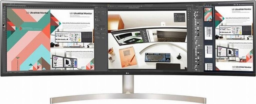 A wide-screen LG monitor displaying multiple windows of design software and product mockups.