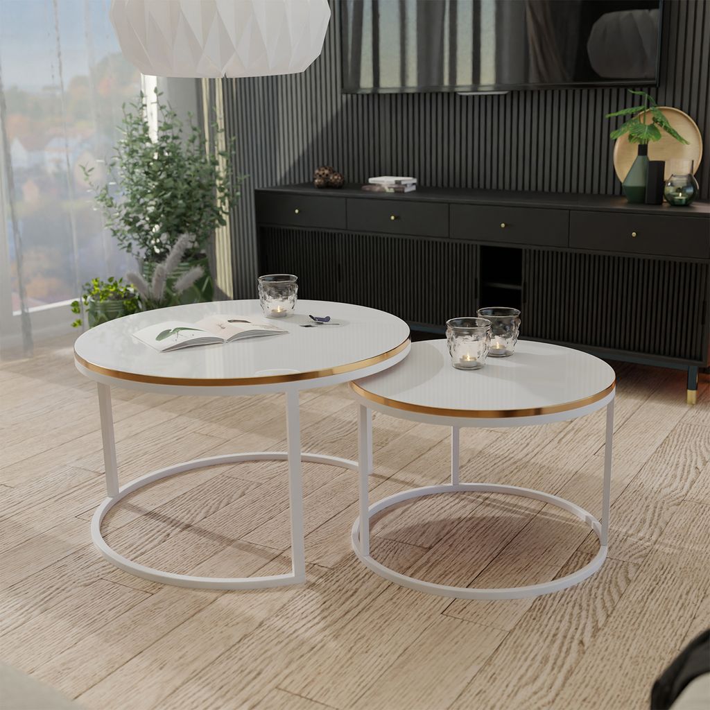 Runder Glamour Couchtisch 2in1 Lavo in Hochglanz mit goldenem Rand 2tlg. 70x48 cm+50x42 cm (Ø x H) Kaffeetisch Wohnzimmertisch Stapelbar Farbe: We...