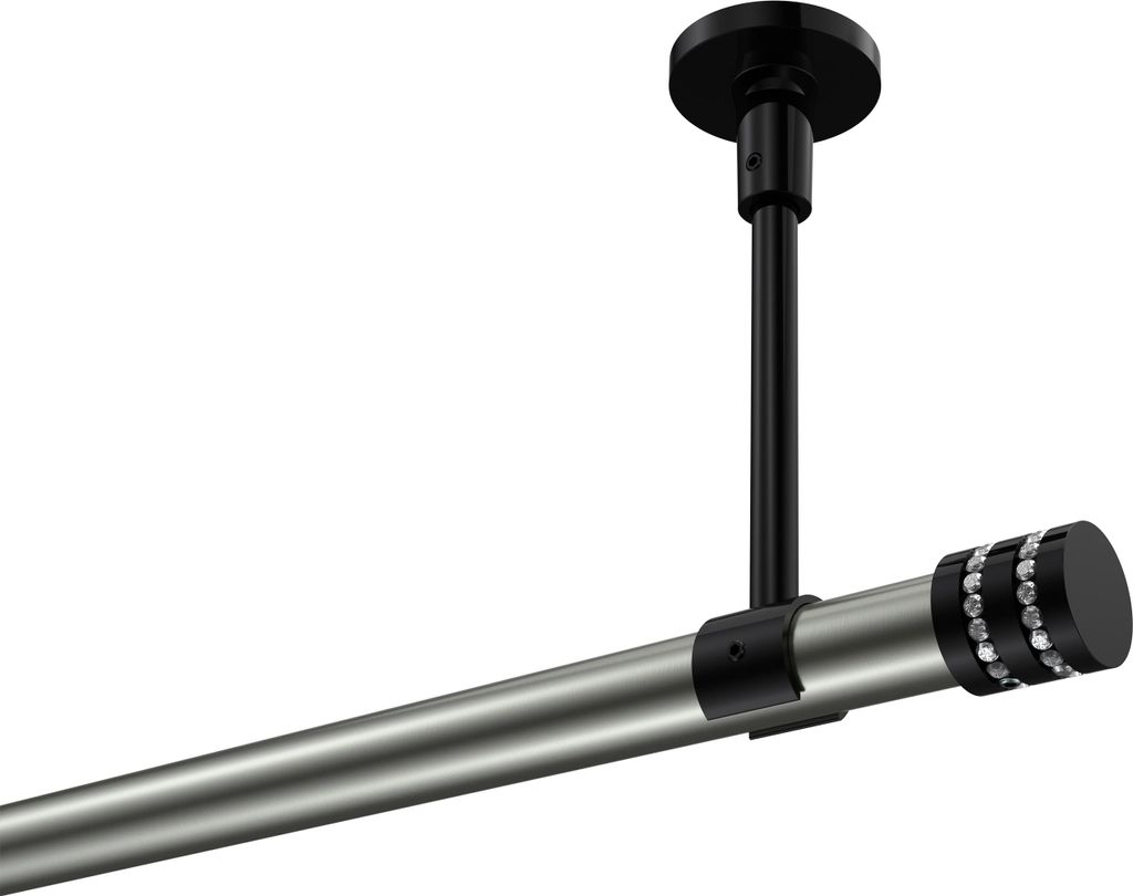 Interdeco Gardinenstange / Vorhangstange Edelstahl-Optik / Schwarz, Typ Sonette Estana (Glitzerkappe) ohne Ringe, Deckenmontage, 20 mm Ø 1-läufig...
