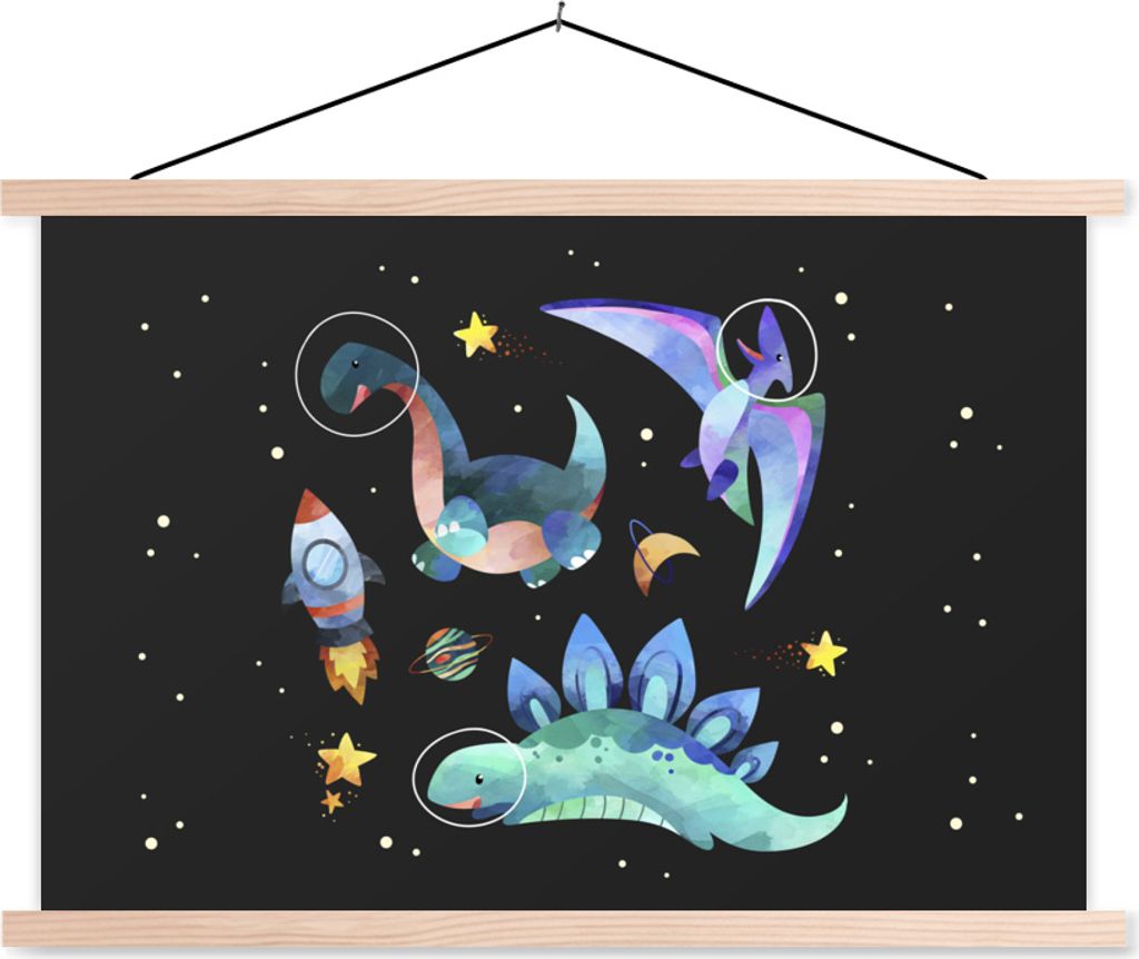MuchoWow Textilposter Sterne - Dinosaurier - Junge - Kinder - Kinder 60x40 cm mit holzfarbenen Rahmen - Bilder