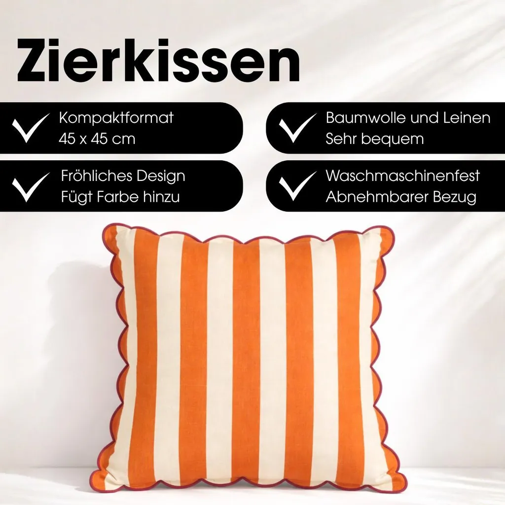 Coussin Décoratif Orange en Coton et Lin - Finition Rayée 45 x 45 cm - 2