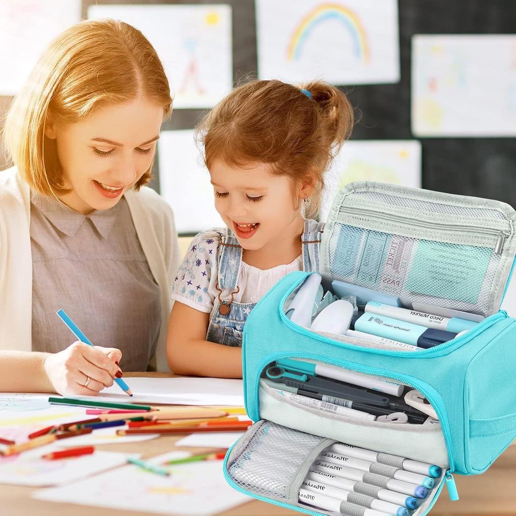 Großes, mit Reißverschluss versehenes Canvas-Stiftetui mit Fächern - Geschenk für Kindergartenkinder, Mädchen, Jungen, Teenager - Schwarz Klas...