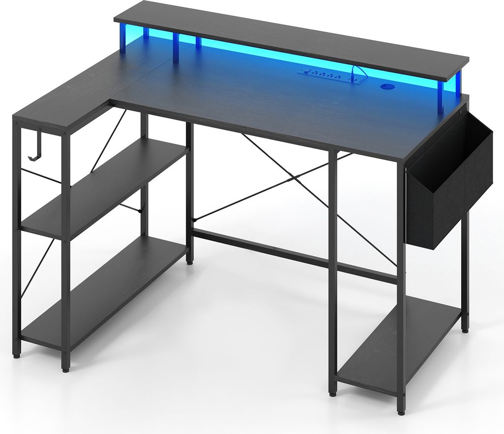 A black L-shaped desk with blue LED lighting on a white background.