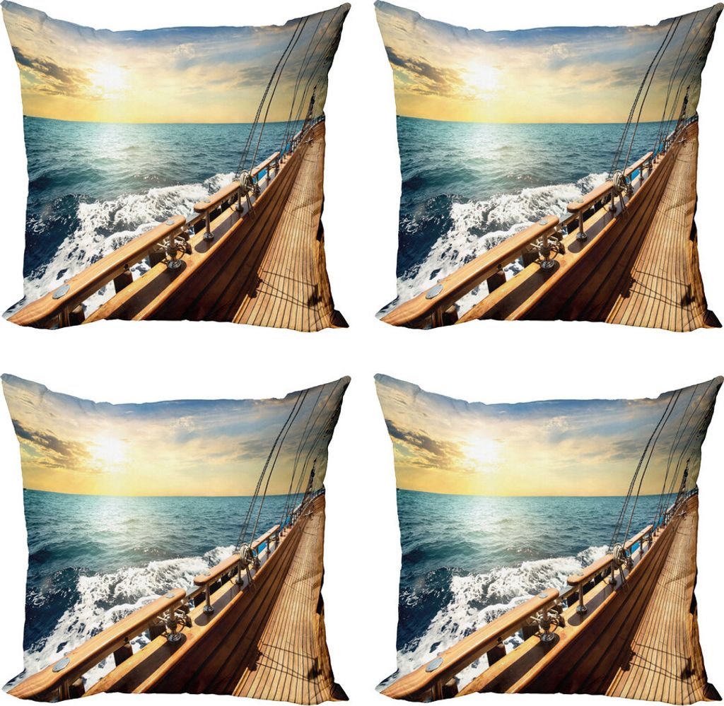 ABAKUHAUS Nautisch Kissenbezug Set (4 Stück), Segelboot-Sonnenuntergang Meer, Moderner Doppelseitiger Digitaldruck, 40 cm x 40 cm, Creme und Blau