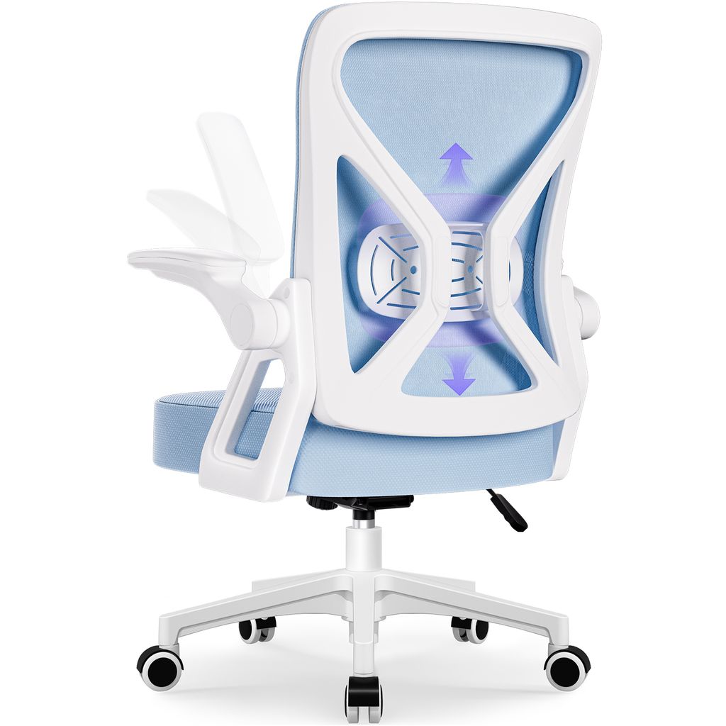 The back-right side view of a light blue and white ergonomic office chair against a white background.