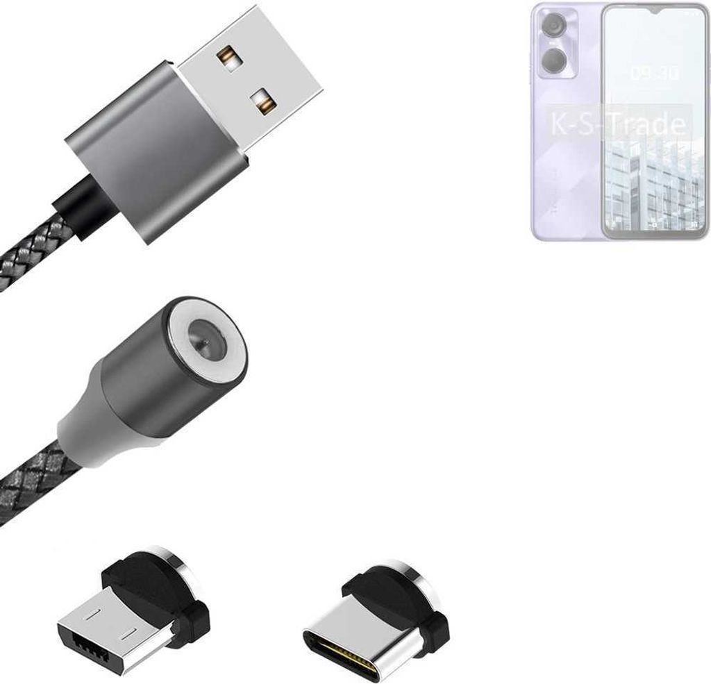 K-S-Trade Hochwertiges Magnet-Lade-kabel Sync-Kabel Daten-Kabel für Tecno Pop 6 mit USB-Typ-C-Anschluss und Micro-USB-Anschluss 2A bis zu 480mbps