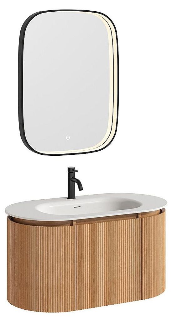 Hängender Badschrank gestreift aus Eschenholz mit Einbau-Waschbecken, Wasserhahn und Spiegel – Hellnatur – L90 cm – LILIKO