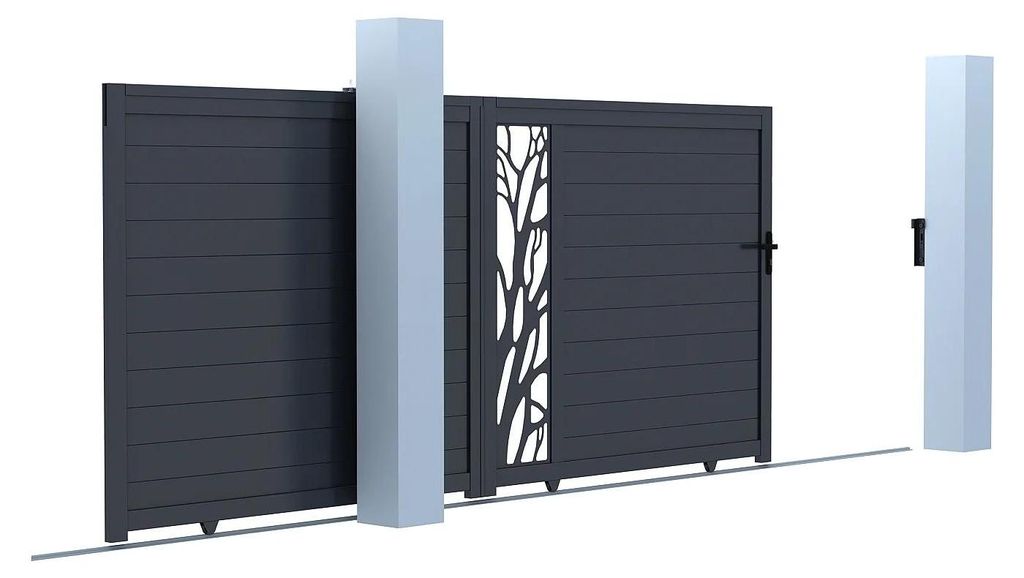 Elektrisches Schiebetor aus anthrazitfarbenem Aluminium halbverglast mit Design B 400 x H 179 cm zum Falten - LABRIT II