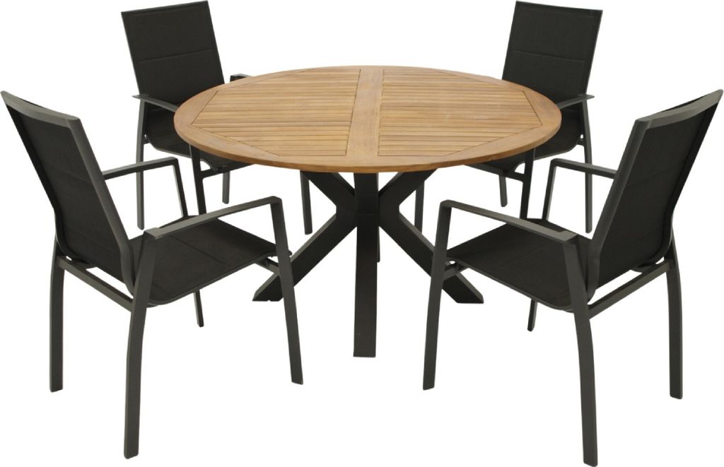TPFGarden GARTENESSGRUPPE Canterbury - GARTEN-GARNITUR mit Gartentisch rund 130 cm - 5-teilig - Aluminium - Akazie - Kunstgewebe schwarz
