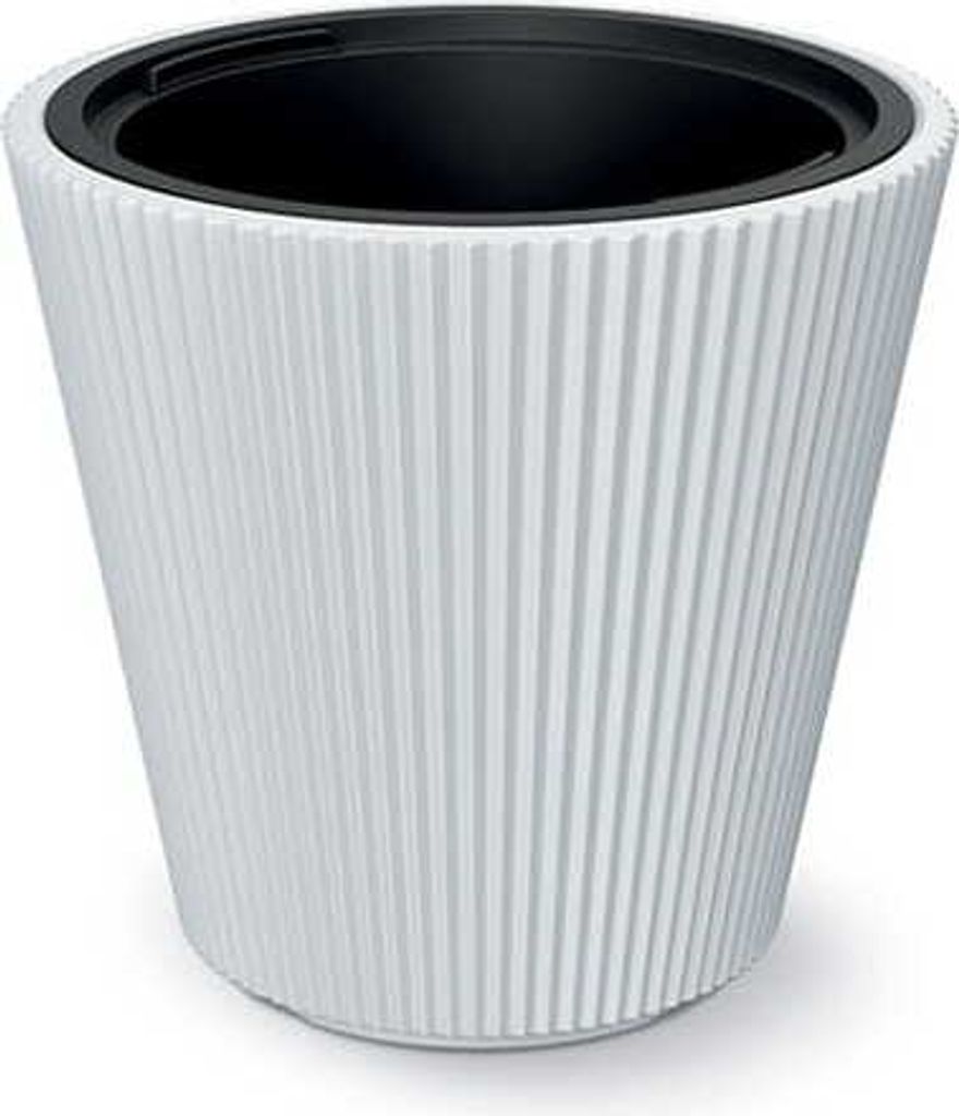 A white planter with a black insert is shown against a white background.