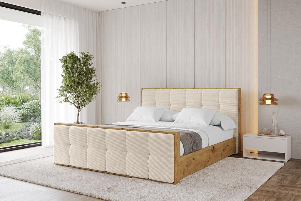 ALTDECOR Polsterbett mit Bettkasten - ENZO7-Z - 180x200 Beige- Bett mit Matratze H3/H4, Kopfteil und Fußteil, Boxbett, Doppelbett mit Stauraum