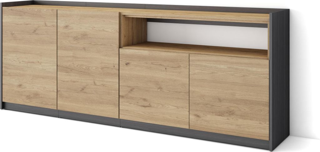 Sideboard, Highboard, 207x37x80cm, 4 Türen, Wohnzimmer, Küche, Eiche Schwarz