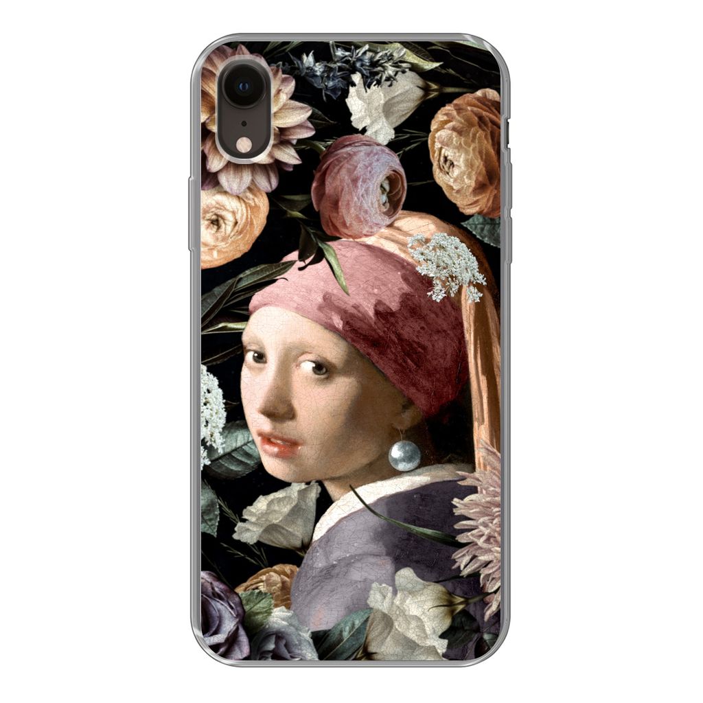MuchoWow Handyhülle Schutzhülle Hülle für iPhone XR Mädchen mit Perlenohrring - Blumen - Vermeer - Pastell - Kunstwerk - Gemälde - Alte Mei...